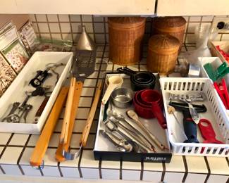Assorted kitchen utensils, basket canister set