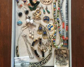 Case items: Amber & sterling earrings, Mexican sterling brooch, rings