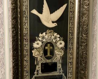 Victorian mourning memorial print in original gilt frame (19” x 31”) Names of the deceased have been obscured in photo.
