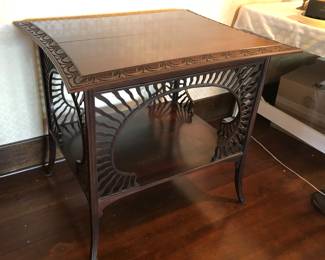American Aesthetic Movement table, circa 1880 - with open “sunburst” design on sides + carved edges (34”L x 28”D x 30”H) 