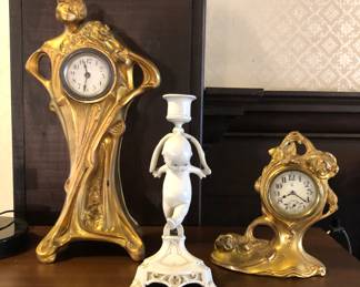 Art Nouveau clocks, metal Kewpie candle holder (base is missing back foot)