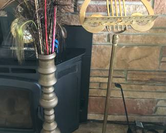 Tall brass vase, brass music stand - height is adjustable, as shown 38” high (can be made taller) 
