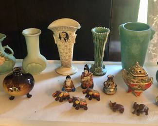 Weller pottery (Louwelsa, Ethel, Ardsley, Evergreen & more), Japanese satsuma moriage elephants, incense burner, S+P set