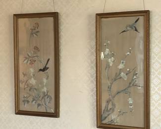 Framed Asian embroideries on silk - with birds (each 11” x 23”)