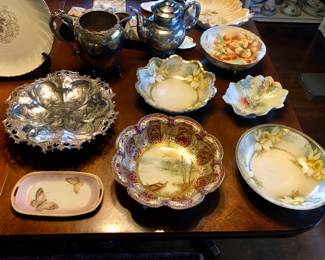 Hand painted RS Germany bowls with daffodils, hand painted Nippon moriage bowl (repaired), ornate silverplate bowl 