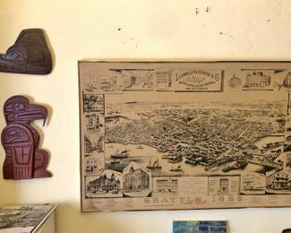 Carvings by Squamish artist Larry & Chester Joseph, 1946 Seattle Historical Society reprint of 1889 Seattle map 