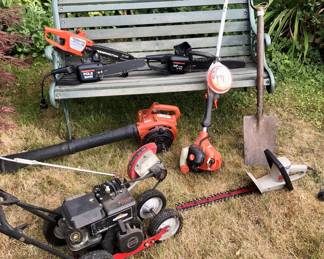 Yard tools: MTD 3 hp gas powered edger, Echo gas blower/vac, Remington electric chain saws, Echo gas trimmer, Craftsman 18” electric hedge trimmer