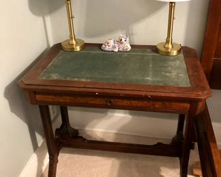 Antique writing desk with felted top & drawer (32.5”L, 22”D, 29”H), pair of newer brass lamps