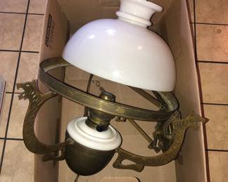 Antique brass ceiling oil lamp  with milk glass shade