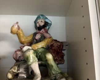 Porcelain Capodimonte 2 Figurines 11x9 Man on Bench Drinking