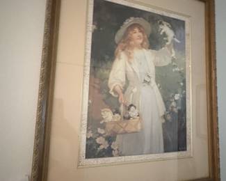Large Frame Glass Picture Girl With Little Kittens
