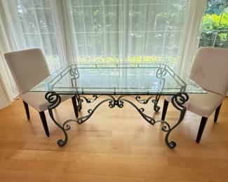 8 GreenWroughtIronFramedTablewGlassTopIkeaChairs