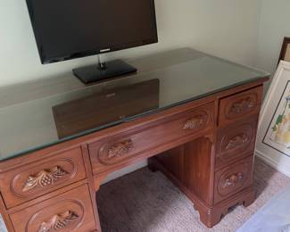 Carved wood desk 46' wide x 30 " high $200