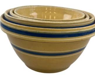Primitive Vintage Yellow Ware Blue White Stripe Farmhouse Nesting Bowls