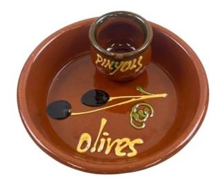 Hand Painted Pottery Olive Serving Piece With Attached Toothpick Holder