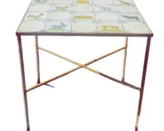 Vintage Wrought Iron Table With Portuguese Santa Anna Farm Animal Tiles