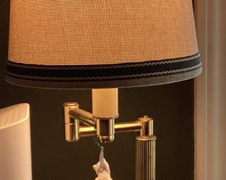 Vintage brass swing arm desk lamp with ivory and brown shade