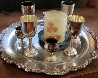 Silver Tray with 6 goblets and a Candle holder