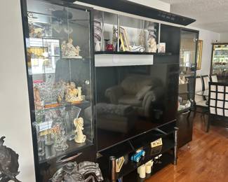 Amazing Black Lacquer Entertainment Center w Glass Shelves, Doors and Lights