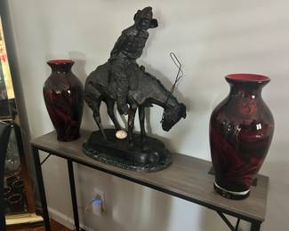 Console Table (2) Available, Frederic Remington Bronze on Marble Base and 2 Vases
