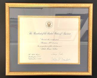 Certificate award signed by President Jimmy Carter & VP Walter F Mondale
