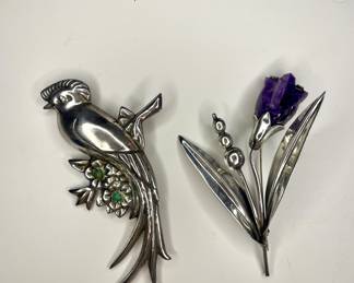 Fred Davis Mexico Silver flower brooch & Mexico Silver Quetzal bird brooch