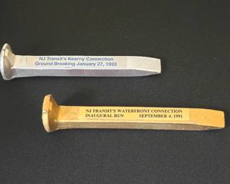 Commemorative train spikes - NJ Transit's Kearny Connection ground breaking 1993. NJ Transit's Waterfront Connection Inaugural Run 1991