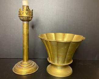 Vintage brass candlestick & cachepot