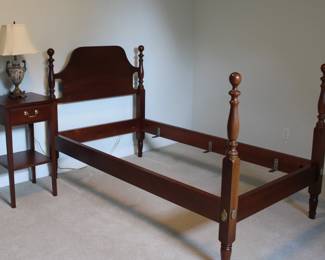 Owen Suter twin poster bedframe, Owen Suter side table with drawer, designer lamp
