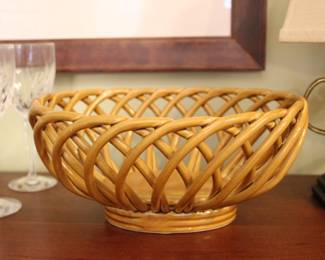 Oval openweave ceramic bread basket, sunflower yellow, 10" long x 9" wide