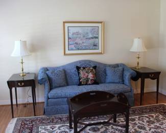 Southwood damask blue chippendale sofa, Henkel Harris butlers inlaid coffee table. 2- Stickley end tables, Virginia Metalcrafters brass lamps