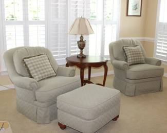 Ethan Allen "Charlotte" stationary chair with ottoman, "Charlotte" swivel chair and Ethan Allen solid wood round end table