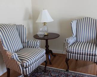 Southwood - Queen Anne style striped mahogany wing chair with Pennsylvania House tilt top side occasion table, Waterford lamp, large glass candy dish