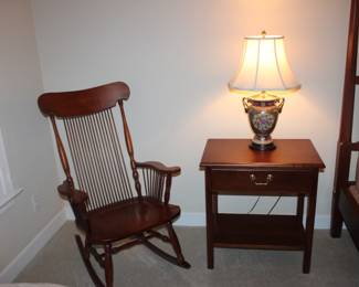 VA House solid wood rocking chair, mahogany end table, ginger jar lamp
