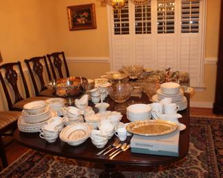 china, cut glass entertaining pieces, serving bowls, glasses, platters, etc.