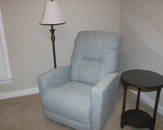 LazBoy Casey Wall Recliner "Mckittrick Mist" fabric with Serveco Fabric protection, Floor lamp with pineapple and shade, Ethan Allen Freya Round Spot table; 18" dia x 25" high,