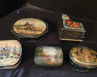 Five Small Russian Lacquered Wood Boxes