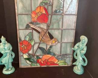 Stained Glass Hanging Decor And Two Asian Ceramic Figures