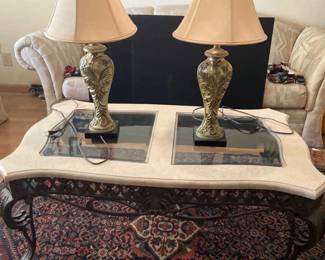Marble, Glass, Metal Coffee Table And Two Lamps