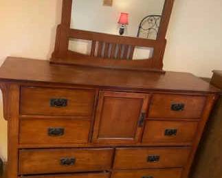 Nice Cherry Stained Wood Dresser And Mirror