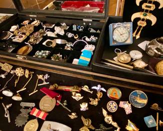 vintage airline pins, assorted watches and timepieces, navajo, boho and victorian style jewelry