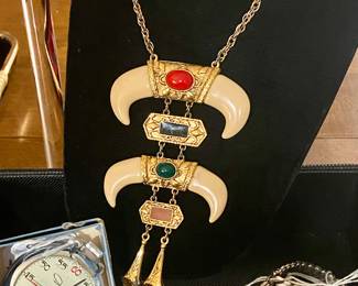 vintage airline pins, assorted watches and timepieces, navajo, boho and victorian style jewelry