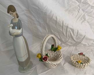 05 Vintage Capodimonte Porcelain Baskets And Girl With Duck Statue