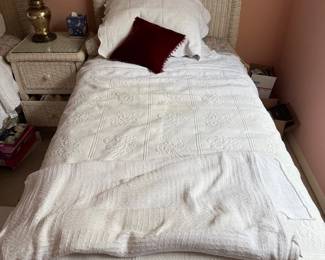 White Wicker Bedroom Set Two Twin Beds , Dresser With Mirror And Bedside Stand