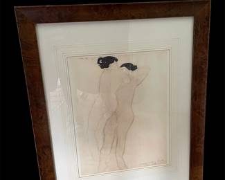 Two nudes print in walnut frame