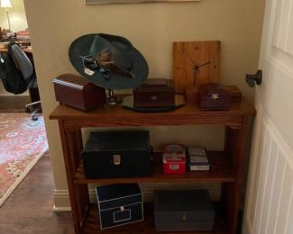 Oak shelf, lots of great boxes and storage boxes, domino sets, custom decorated Western Hat