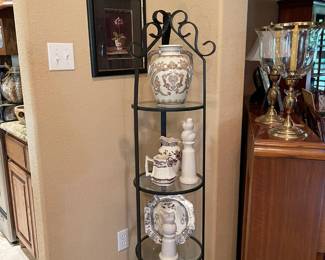 Metal with glass shelves display, transfer ware pottery
