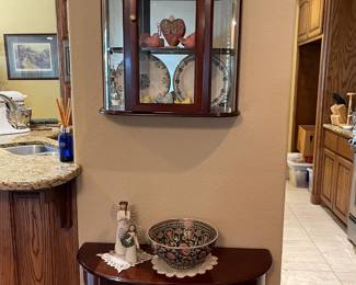 Hanging display cabinet, half moon accent table