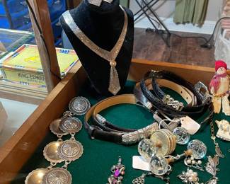 Vintage and costume jewelry, belts, antique glass handles