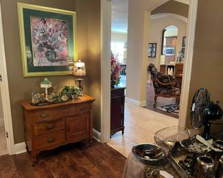 Antique tiger oak chest, lamps and great art work